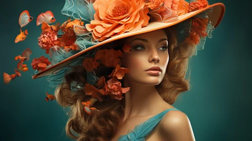 Fashion Portrait: Beautiful Woman in a Large Orange Hat with Flowers
