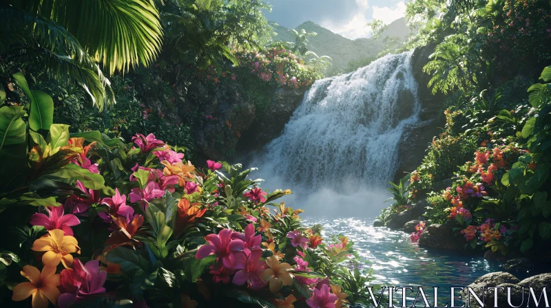 AI ART Tropical Paradise: Waterfall and Lush Floral Landscape