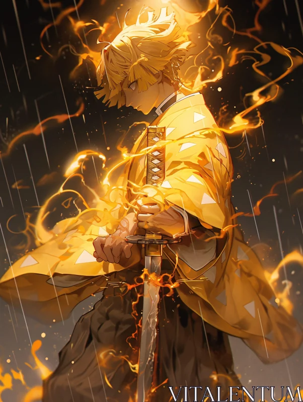 AI ART Fiery Anime Samurai in the Rain