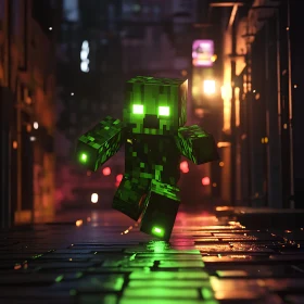 Neon Minecraft Figure in Cityscape