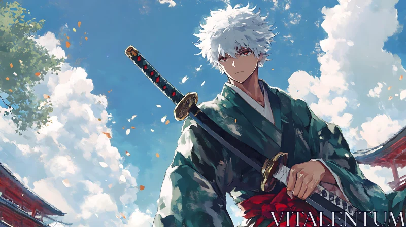 Samurai Anime Character with White Hair AI Image