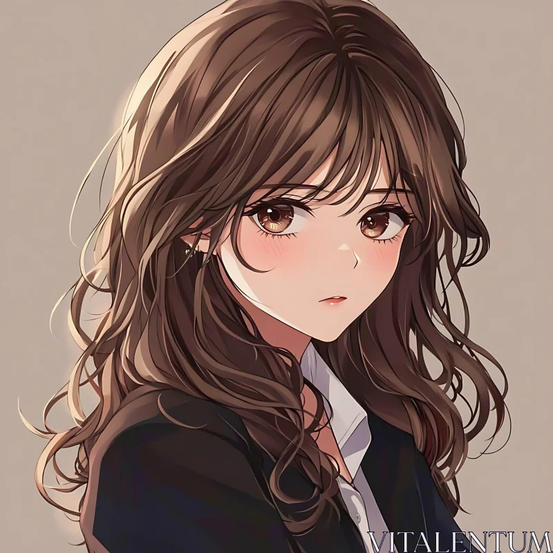 Anime Girl Illustration with Flowing Brown Hair AI Image