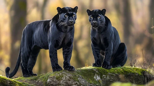 Pair of Black Panthers on Mossy Rock