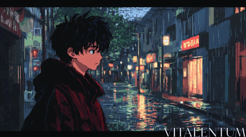 AI ART Moody Anime Scene: Rainy Night with Neon Reflections