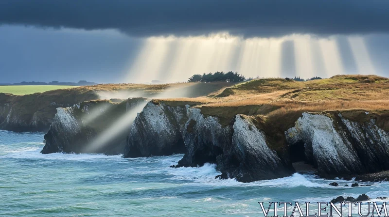 Sunlit Coastal Cliffs and Ocean Scene AI Image