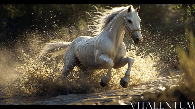 AI ART Graceful White Horse Galloping in Water