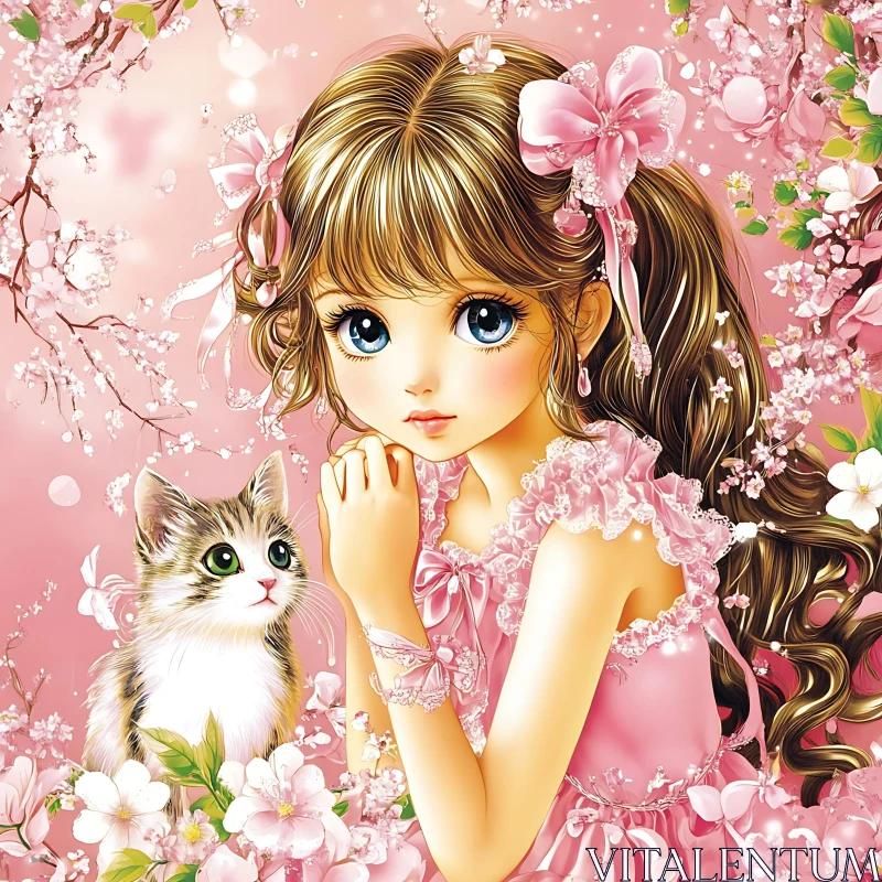 Delicate Anime Girl in Pink with Cat AI Image