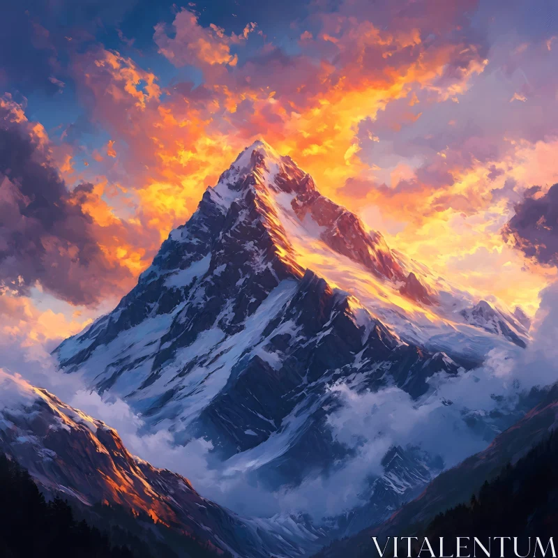 AI ART Mountain Sunset with Clouds