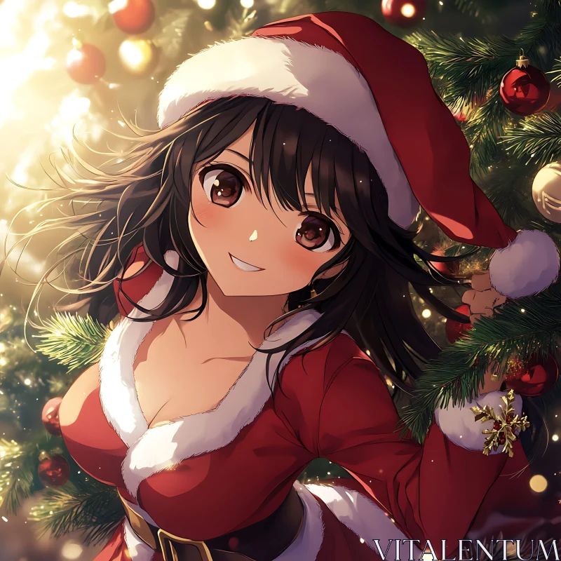 Festive Anime Girl in Santa Outfit with Christmas Decor AI Image