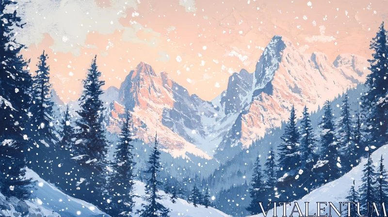 Snowy Peaks and Pines in Winter AI Image