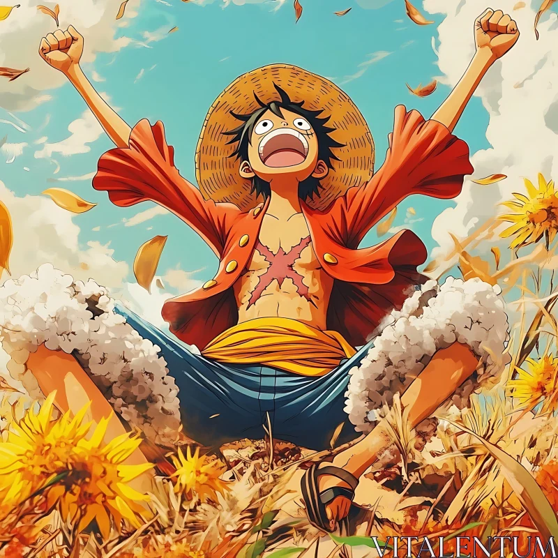 Ecstatic Anime Figure in Sunflower Field AI Image