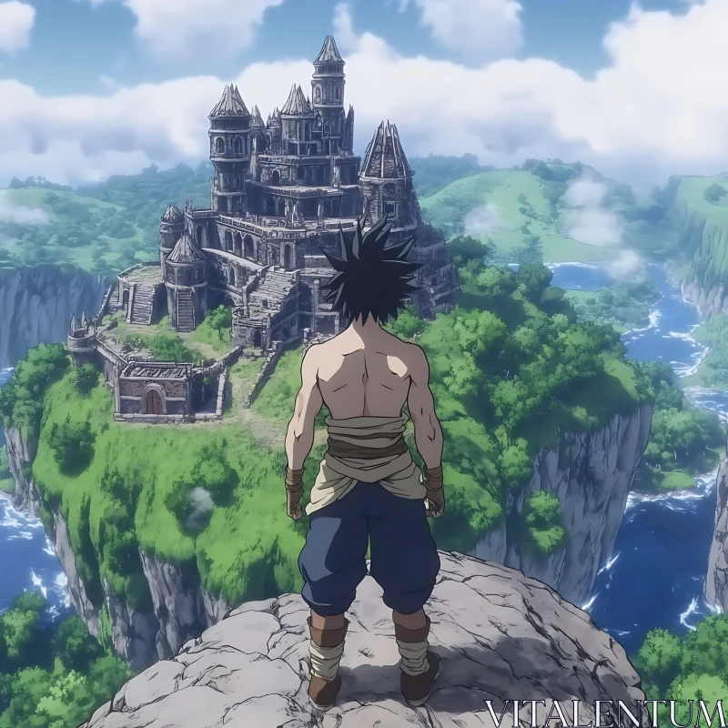 Anime Scene of Warrior with Castle and Scenic Landscape AI Image