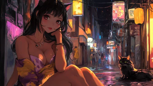 Girl with Cat Ears in a Neon-lit Street