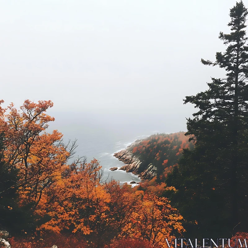 Misty Autumn Coastline with Colorful Foliage AI Image