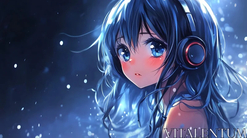 Thoughtful Anime Girl with Headphones AI Image