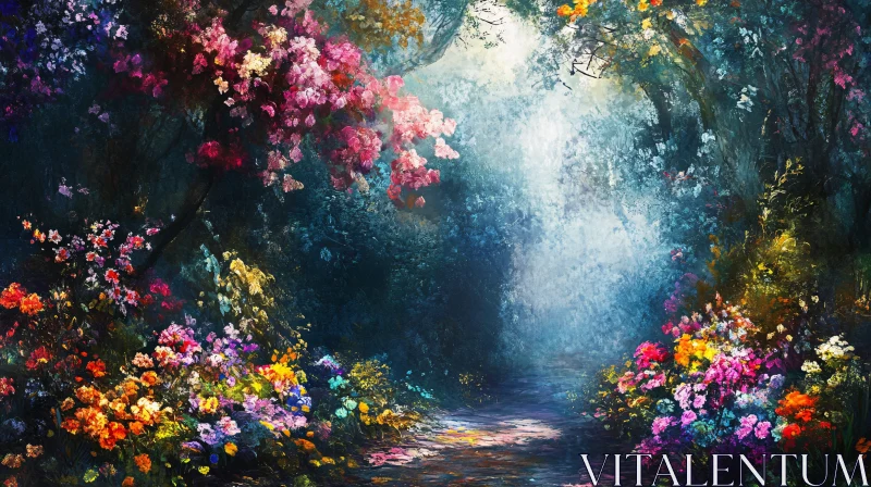 AI ART Blossom-Lined Path in a Sunlit Forest