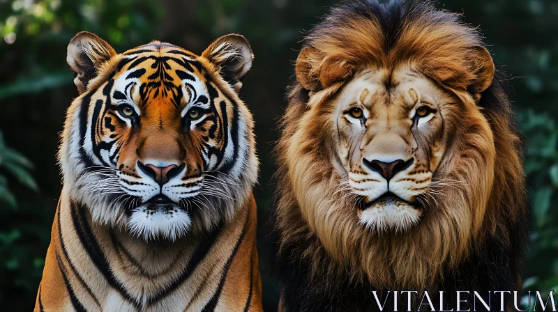 Tiger and Lion Side-by-Side: Wildlife Portrait AI Image