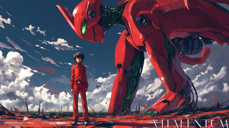 Dynamic Anime Mecha Landscape Featuring a Young Character AI Image