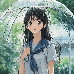 Anime Girl in Rain with School Uniform