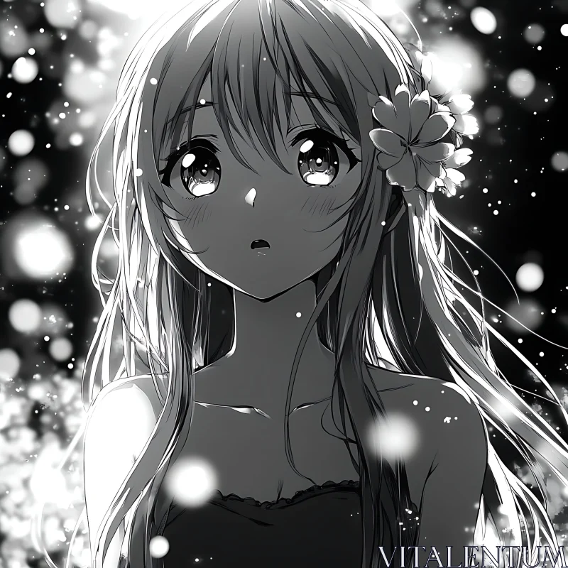 Reflective Anime Girl in Black and White AI Image