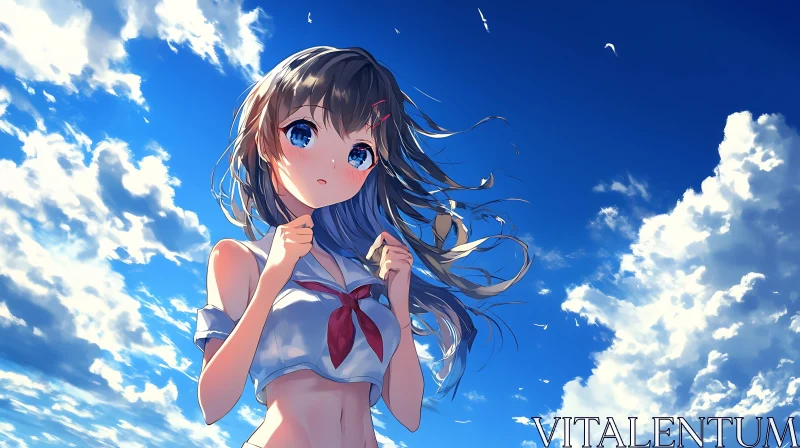 AI ART Serene Anime Girl in Windy Blue Sky