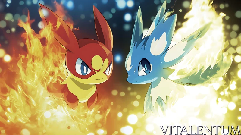 Fire and Ice Cartoon Creatures AI Image