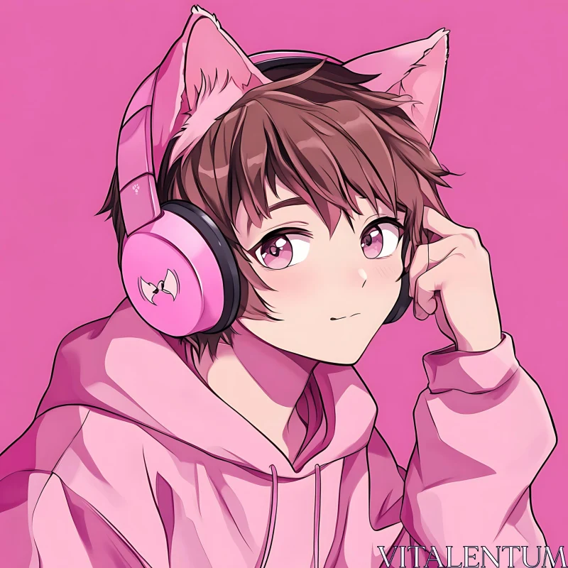 Pink-Themed Anime Portrait with Headphones AI Image