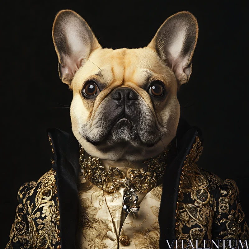 Dressed-Up French Bulldog in Gold and Black Attire AI Image