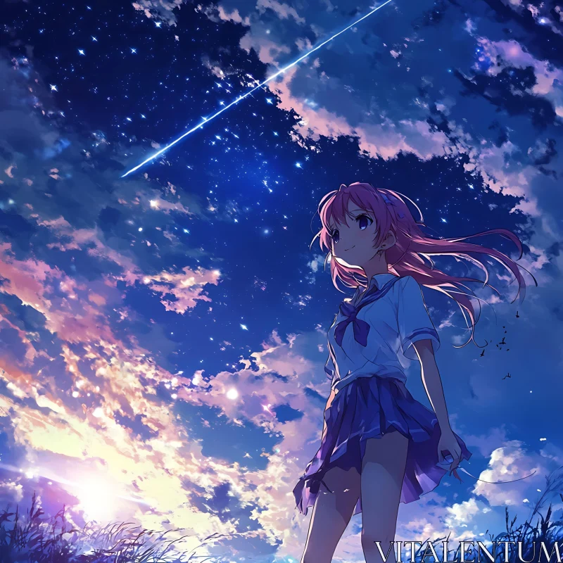 Pink-Haired Anime Girl and Night Sky AI Image