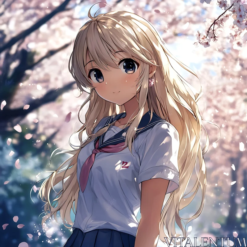 Blonde Anime Girl with Cherry Blossoms AI Image