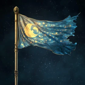 Flag with Moon and Stars in Night Sky