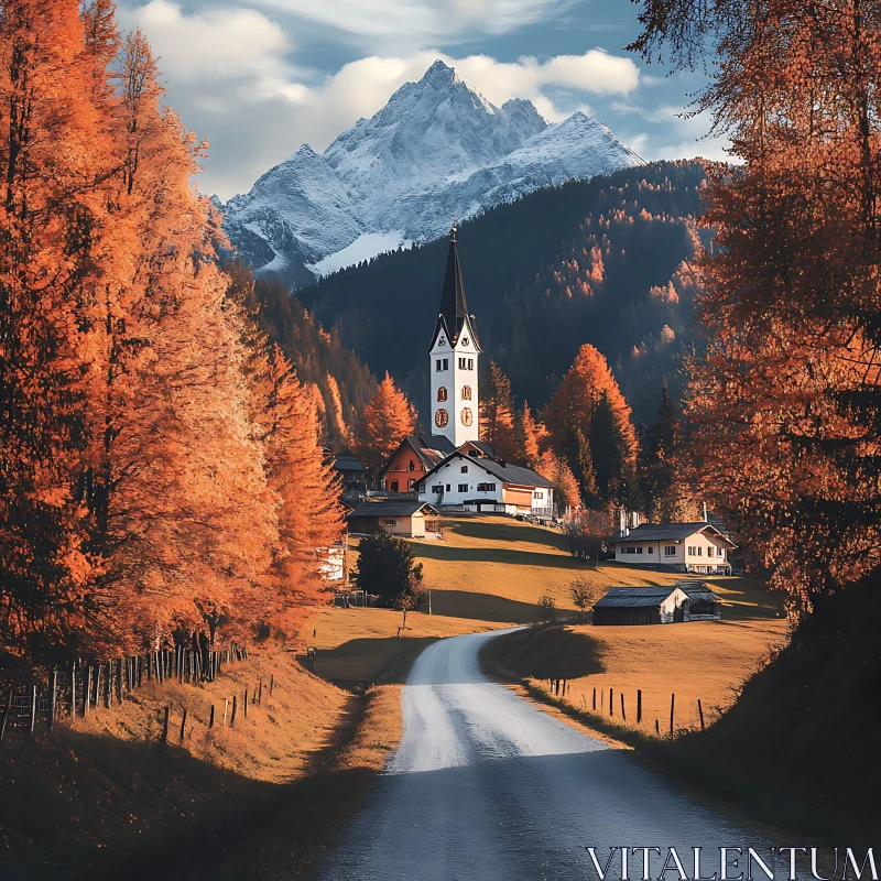 Autumnal Village View with Mountain Backdrop AI Image