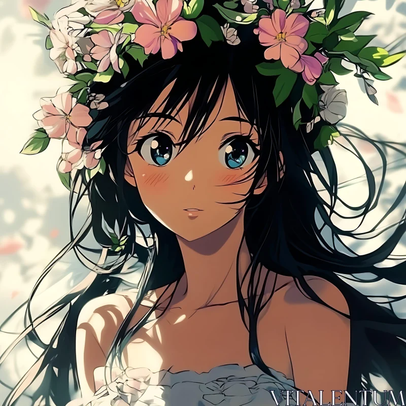 Serene Anime Woman with Floral Adornment AI Image