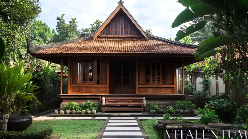 AI ART Balinese Wooden House in Tropical Garden