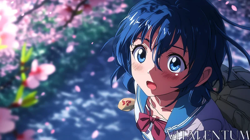 Cherry Blossom Season: Anime Girl with Blue Hair AI Image