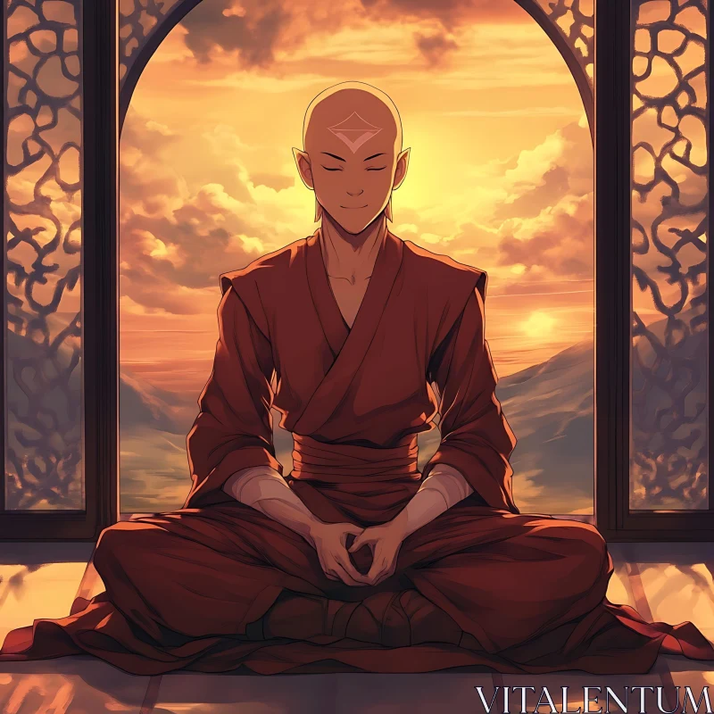 Serene Meditation Scene of an Anime Monk at Sunset AI Image