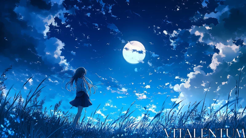 Anime Girl under Moonlit Sky in Grass Field AI Image