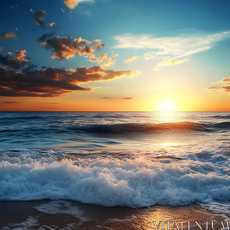 AI ART Coastal Sunset Scene with Gentle Waves