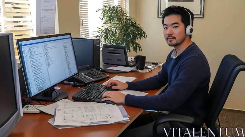 Office Worker at Desk with Computer AI Image