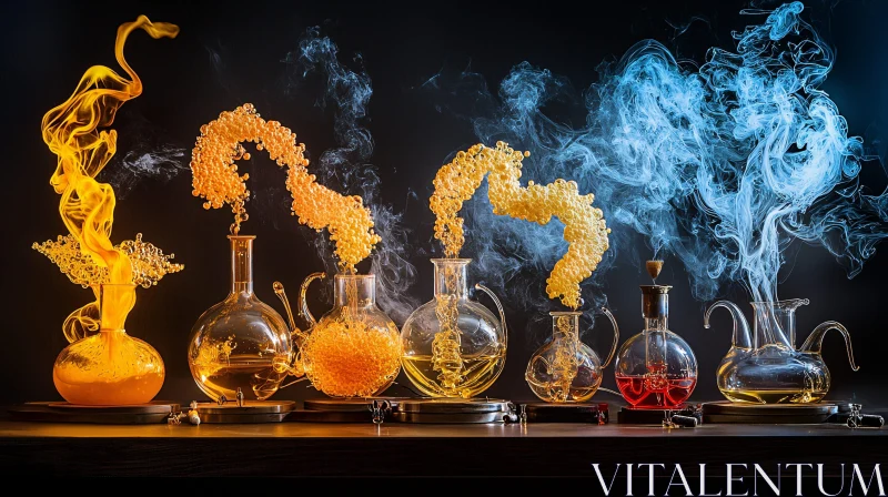 Enigmatic Flasks: A Study in Alchemic Hues AI Image