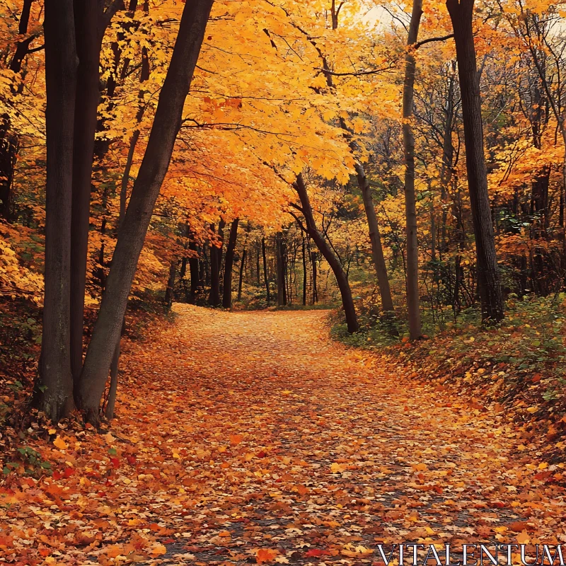 Golden Autumn Leaves on Forest Trail AI Image