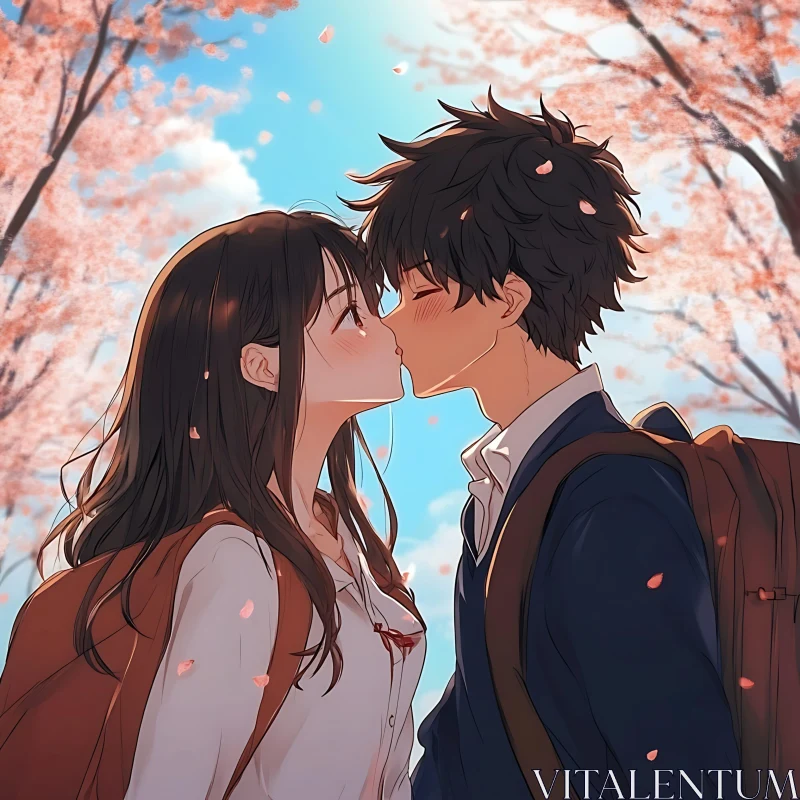 Anime Couple Kissing Amidst Cherry Blossoms AI Image