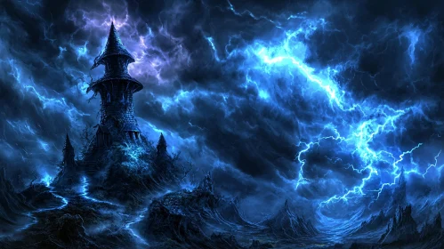 Fantasy Tower Amidst Electric Storm