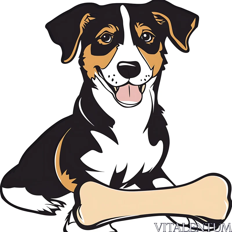 Happy Dog with Bone Cartoon Art AI Image