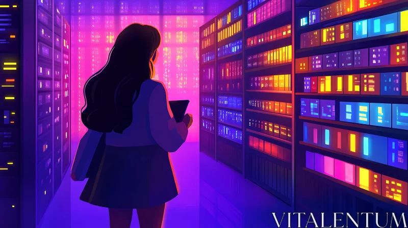 Woman in a Neon Lit Server Room AI Image