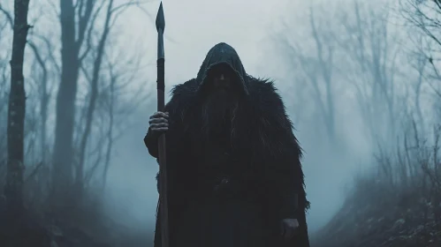 Hooded Figure with Spear in Woods