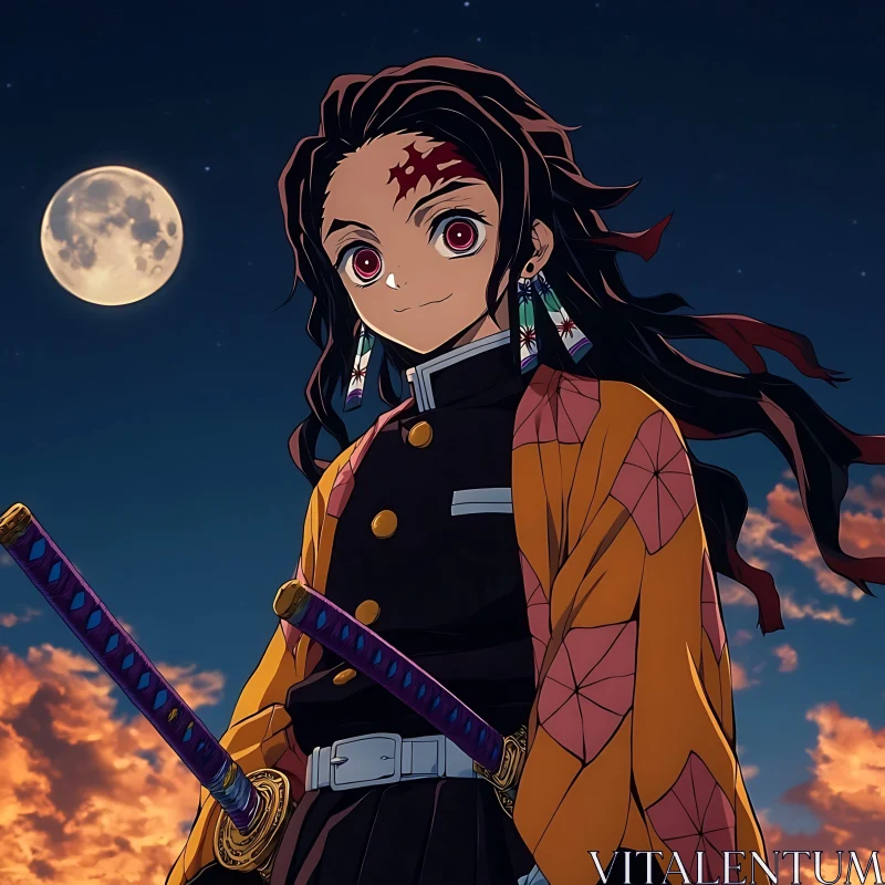 Anime Character with Swords and Full Moon AI Image