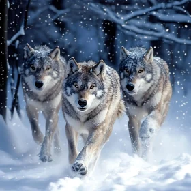 Three Wolves Running Through Snow