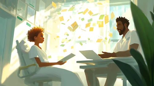 Sunlit Office Conversation with Floating Notes