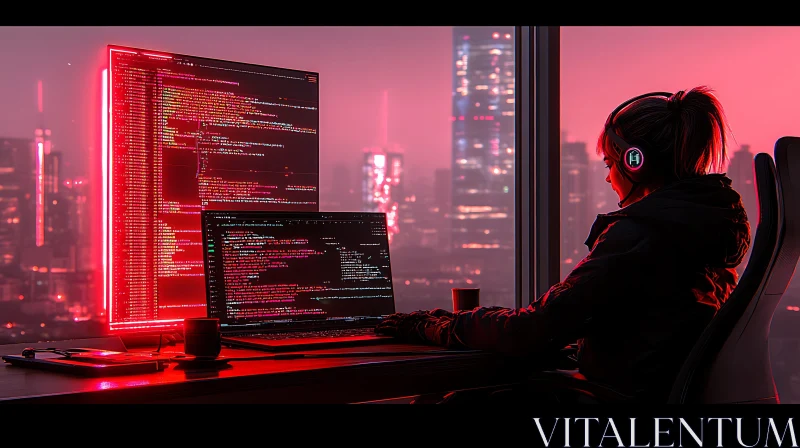 Coder in Neon Glow Cityscape AI Image